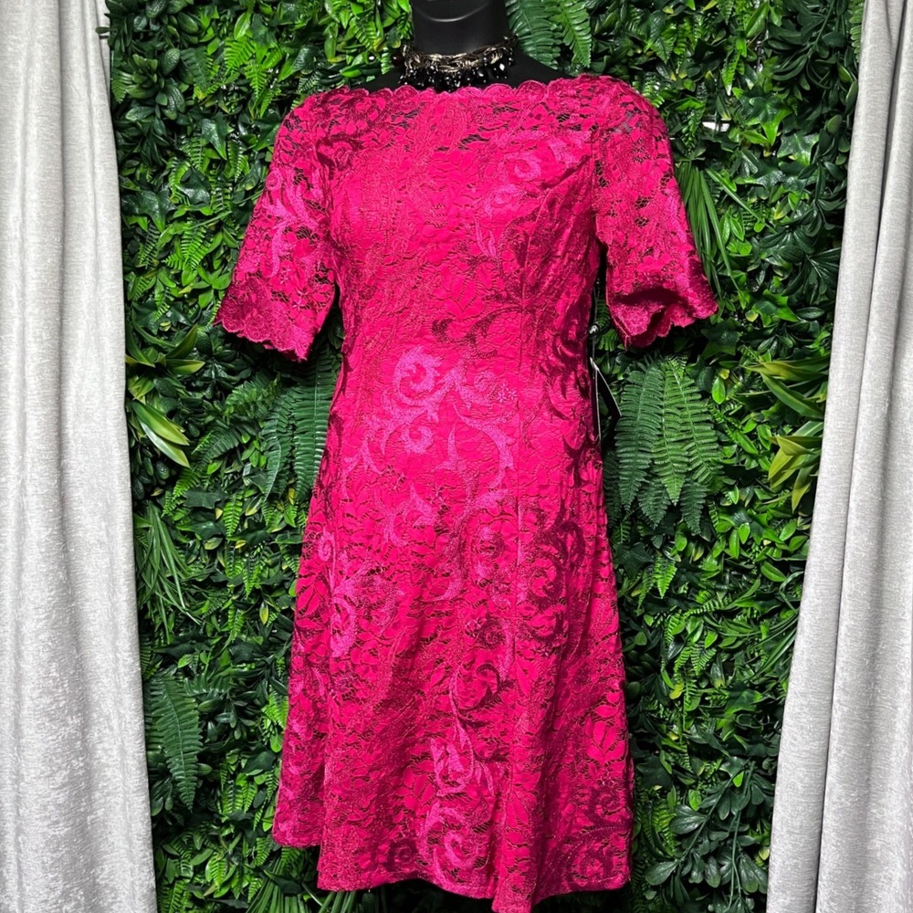 Adrianna Papell Dress 14 Red Pink  Women Warm Cherry Floral Lace Midi 4168 NEW